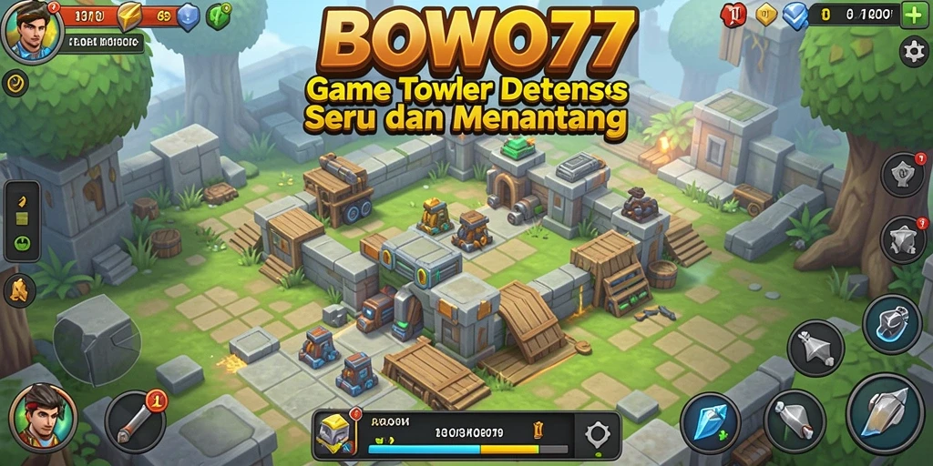 Tampilan gameplay BOWO77 dengan aksi menara yang mendebarkan.