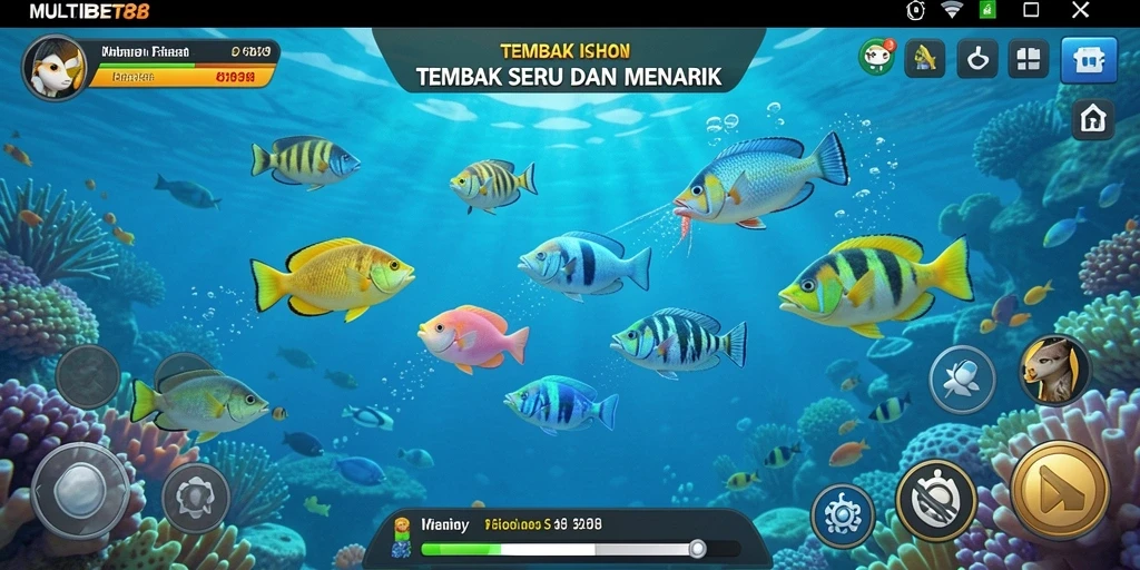 Tampilan gameplay seru dari MULTIBET88 dengan banyak ikan dan senjata.