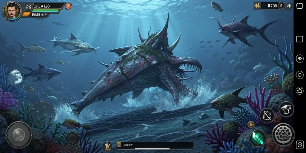 Screenshot dari gameplay menegangkan ORCA128 menampilkan suasana bawah laut yang menyeramkan.